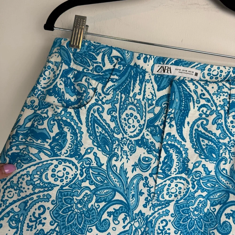 NWOT ZARA Linen Blend Trouser Pants Sz 6 Kick Flare Hem Blue Paisley Print